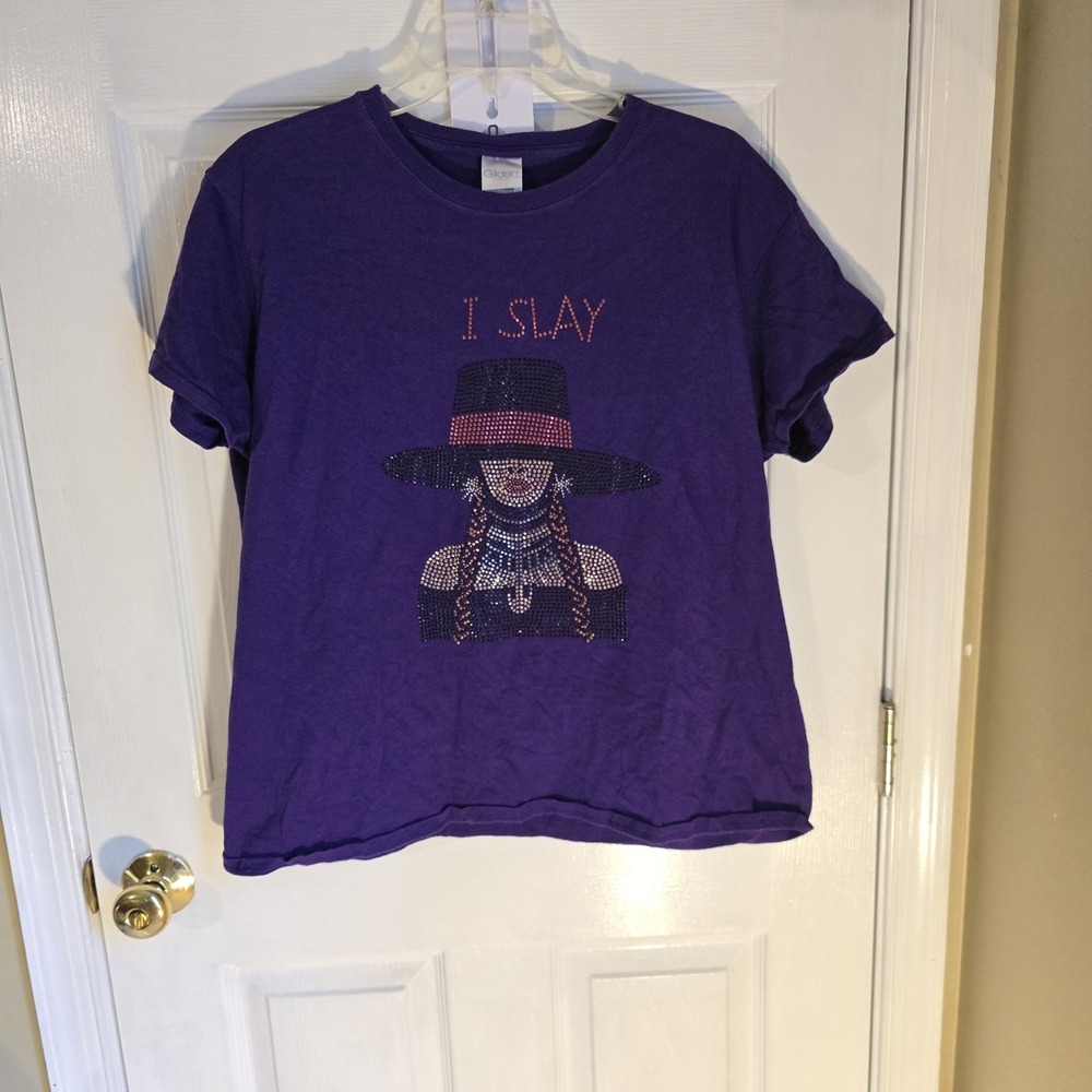 Gildan I Slay Purple Rhinestone Graphic T-Shirt Womens XL Short Sleeve Tee